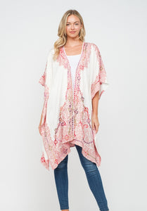 Embroidered Kimono Jacket ~ White & Coral