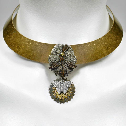 Steam Punk Antiqued Brass Collar Necklace ~ Butterfly Motif