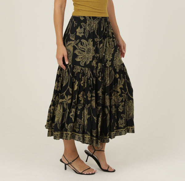 Lovely Tiered Maxi Skirt ~ Black and Olive Print