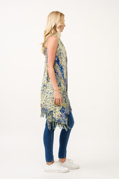 Embroirdered Long Vest ~ Lime & Blue