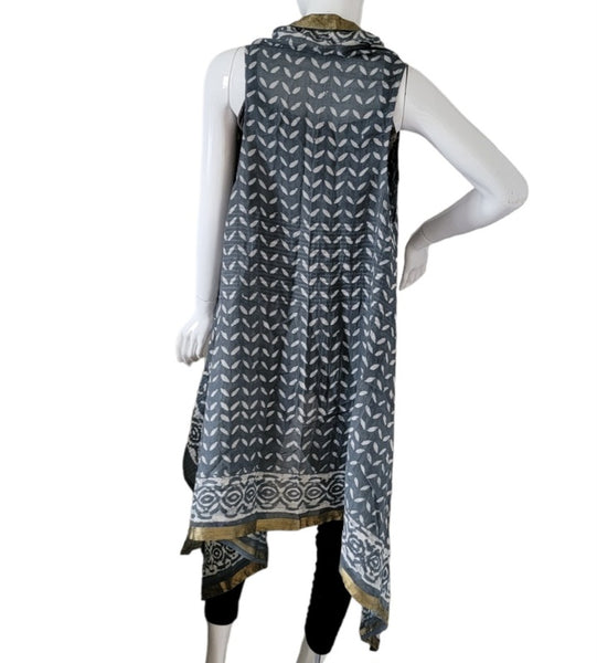 Hand Block Printed Long Vest ~ Gray