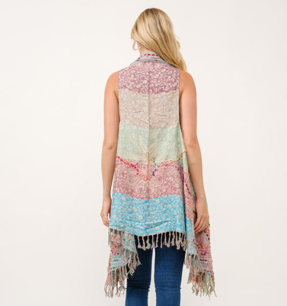 Lovely Long Embroidered Vest ~ Pastel Rainbow