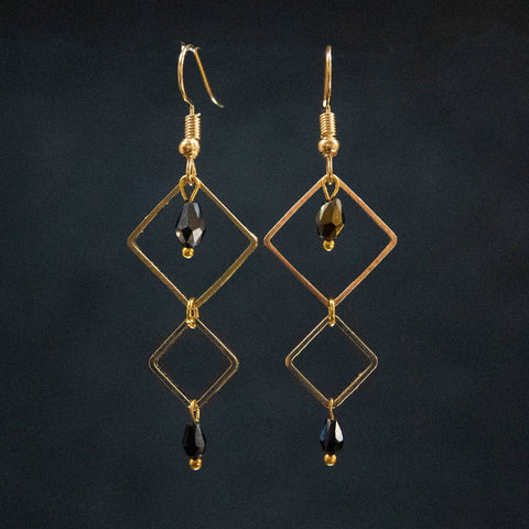 Brass & Crystal Earrings ~ Double Diamonds