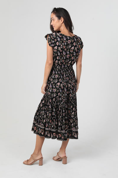 Tiered Dress with Flutter Sleeves ~ Black Print
