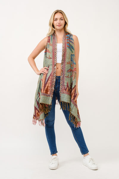 Embroidered Long Vest ~ Green & Mocha