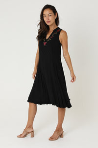 Sleeveless Summer Black Dress with Embroidered Floral Neckline