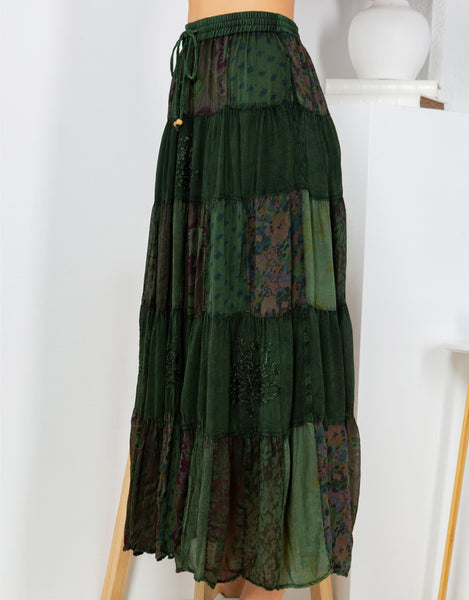 Patchwork Tiered Maxi Skirt ~ Green