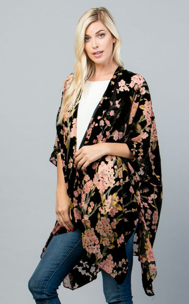 Velvet Kimono ~ Burn Out Design ~ Black