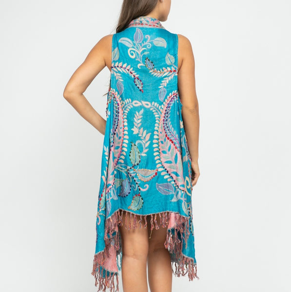 Sweet Long Embroidered Vest ~ Turquoise