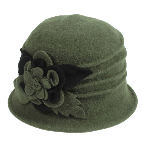 Wool Cloche Hat with Flower ~ Olive