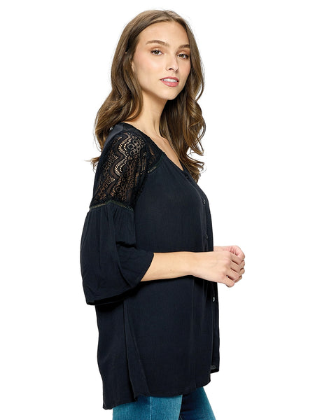 Lacy Black Button-Up Blouse