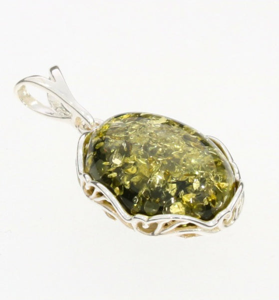 Green Amber & Sterling Silver Pendant