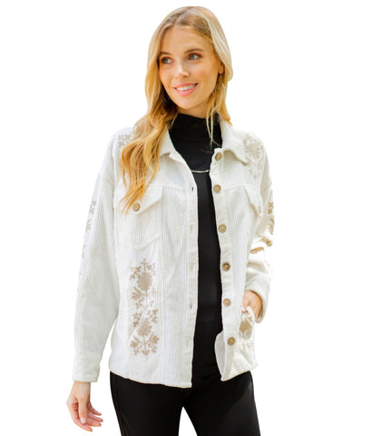 White Embroidered Corduroy Shirt/Jacket