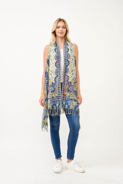 Embroirdered Long Vest ~ Lime & Blue