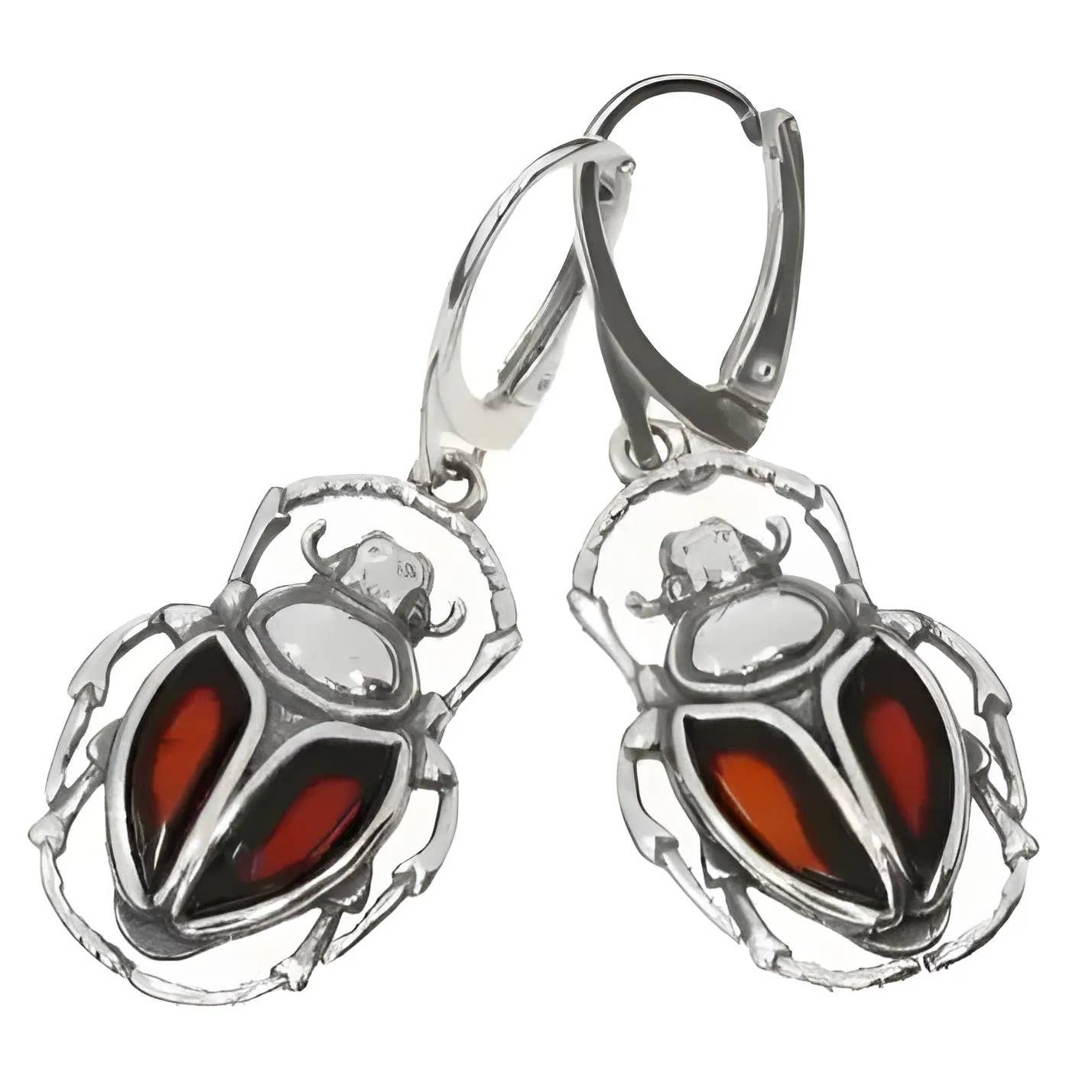 Scarab Sterling Silver & Amber Earrings