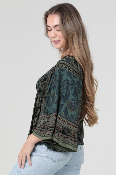 Olive and Black Print Blouse