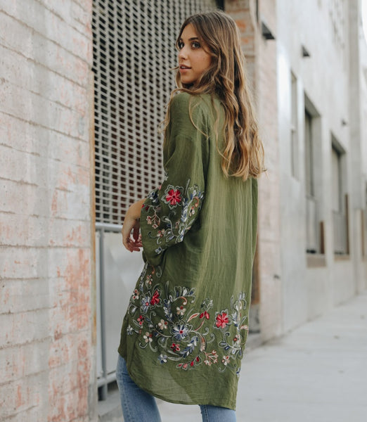 Beautifully Embroidered Kimono Jacket ~ Olive Green