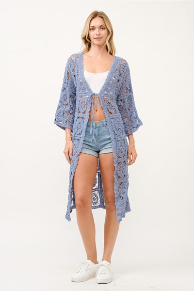 Crocheted Cotton Long Kimono ~ Blue