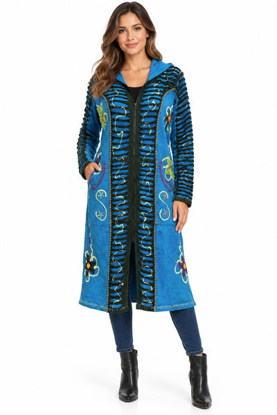 Long Cotton Embroidered Hoodie ~ Blue & Black