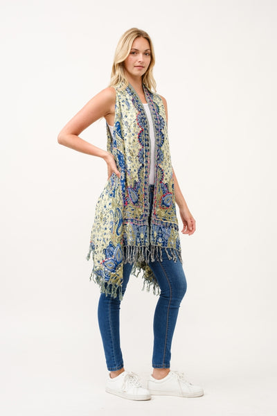 Embroirdered Long Vest ~ Lime & Blue