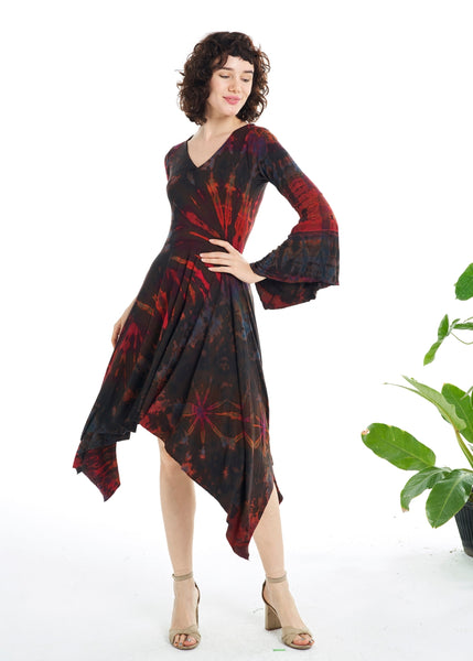 Bell Sleeve Dress ~ Hankie Hem ~ Brown Tie-dye