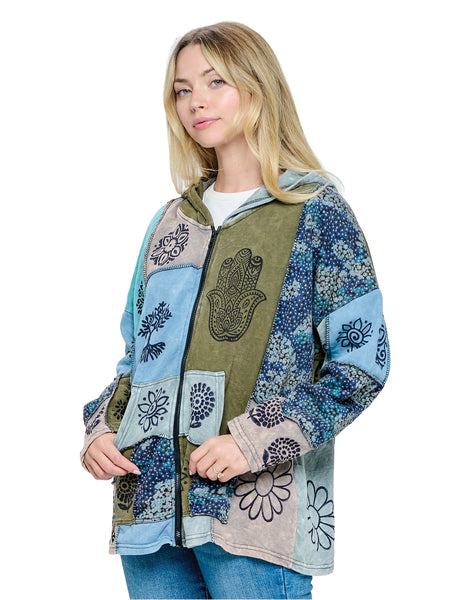 Patchwork & Block Printed Hoodie ~ Blues