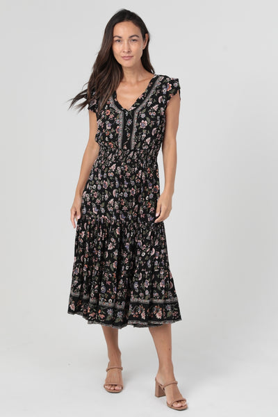 Tiered Dress with Flutter Sleeves ~ Black Print
