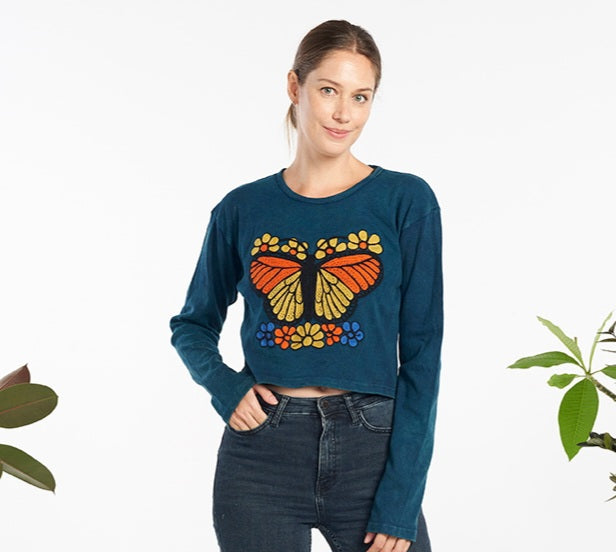 Cotton Long Sleeved Crop Top ~ Butterfly