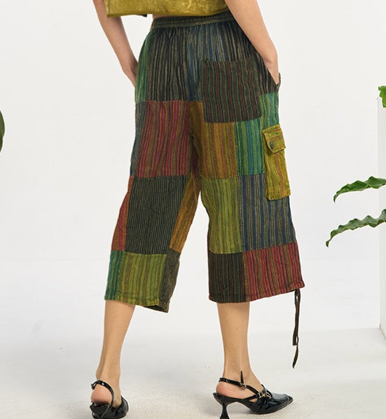 Cotton Patchwork Carpi Pants