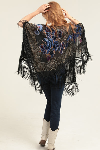 Velvet Poncho ~ Burnout Design with Fringe Black