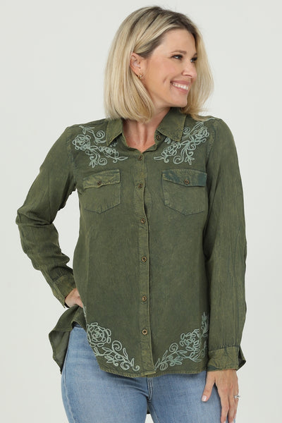 Embroirdered Button Front Blouse ~ Olive Green