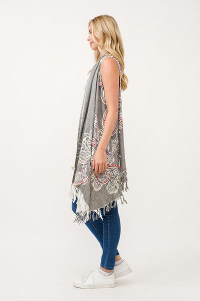 Embroidered Long Vest ~ Gray & White Floral Design