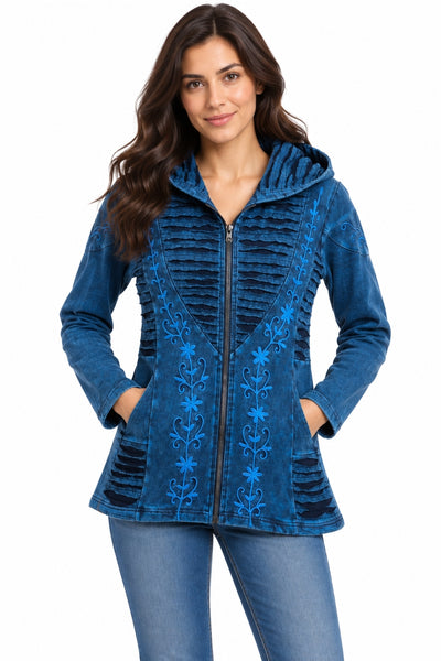 Cotton Zippered Embroided Hoodie ~ Blue