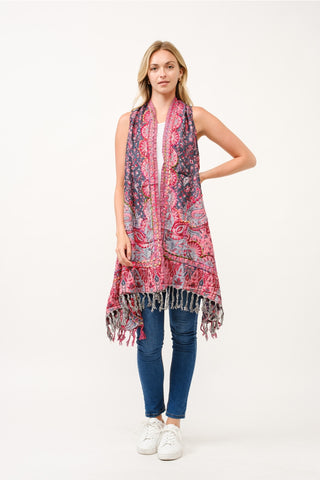 Embroidered Long Vest ~ Gray & Red