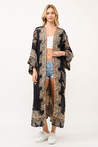 Embroirdered Duster Kimono ~ Black & Tan