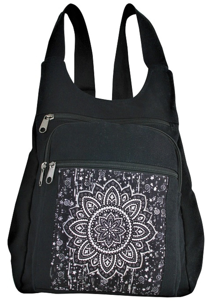 Black Cotton Backpack with White Mandala