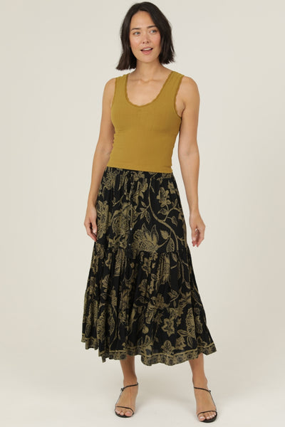 Lovely Tiered Maxi Skirt ~ Black and Olive Print