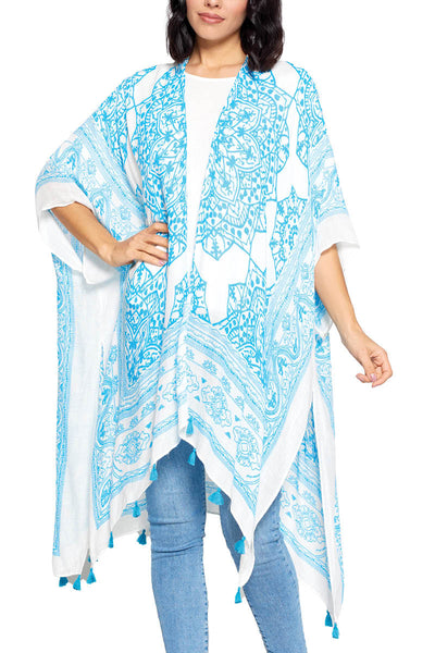 Light Weight Kimono ~ Turquoise Mandala on White