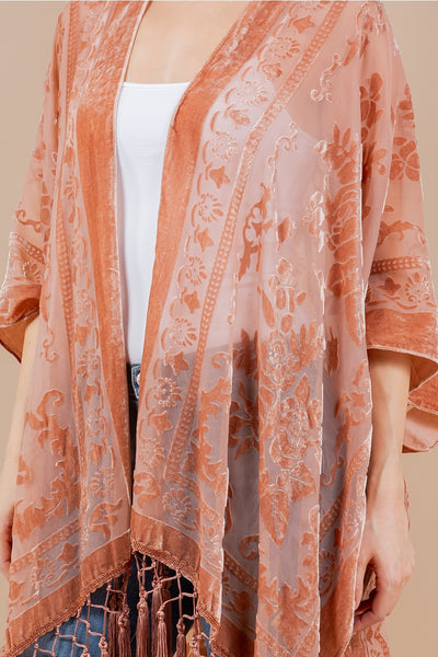 Velvet Kimono ~ Burn Out Floral Design ~ Dusty Rose