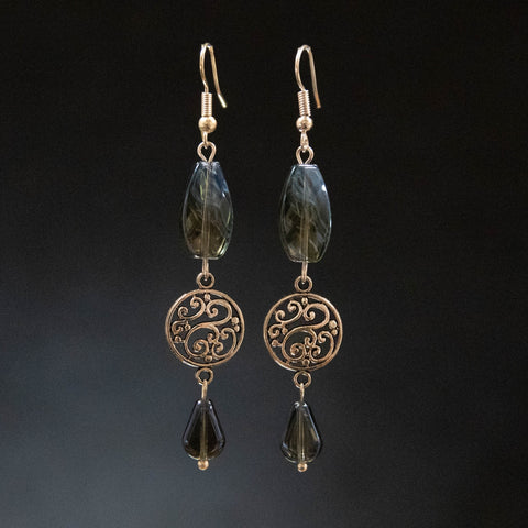 Brass and Glass Earrings ~ Green Dangles