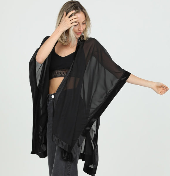 Elegant Sheer Black Kimono with Velvet Edges