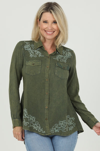 Embroirdered Button Front Blouse ~ Olive Green