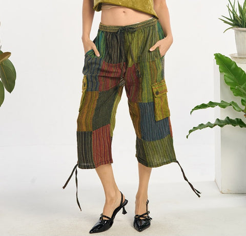 Cotton Patchwork Carpi Pants