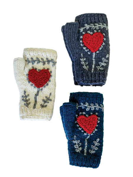 Fingerless Gloves ~ Heart Embroidery ~ 3 Colors