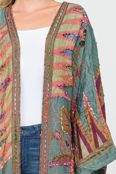 Embroirdered Duster Kimono ~ Green & Burgundy
