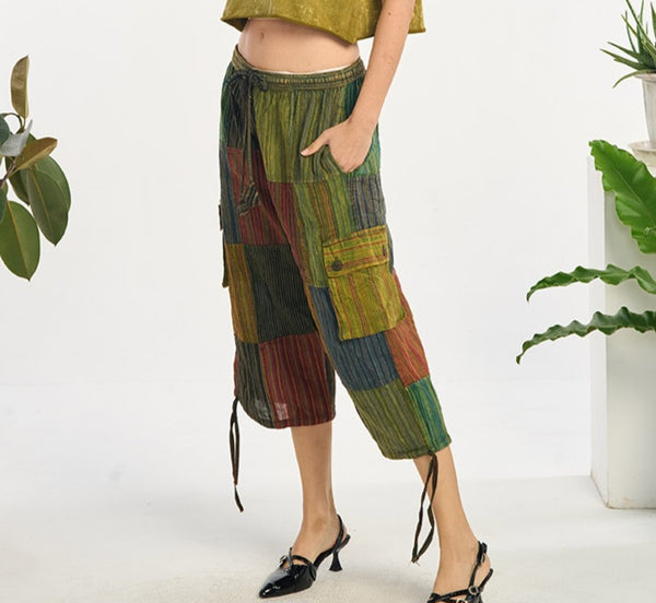 Cotton Patchwork Carpi Pants