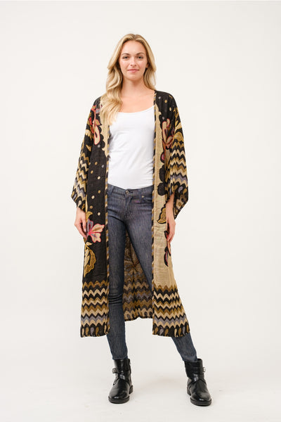 Embroidered Duster Kimono ~ Black & Tan