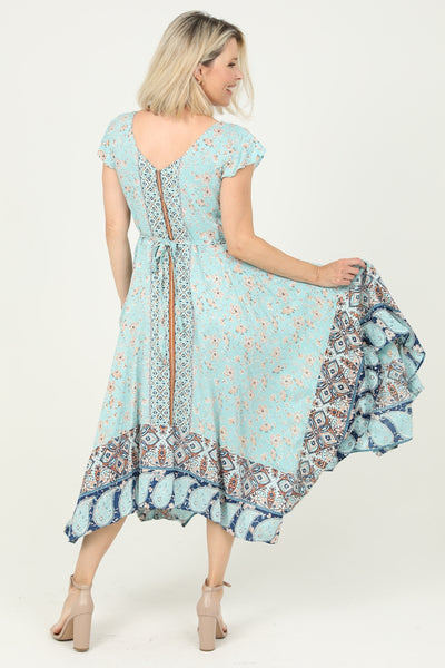 Beautiful Aqua Print Dress with Hanky Hem
