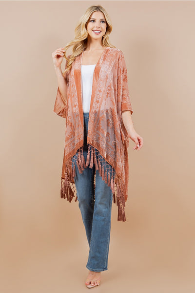 Velvet Kimono ~ Burn Out Floral Design ~ Dusty Rose