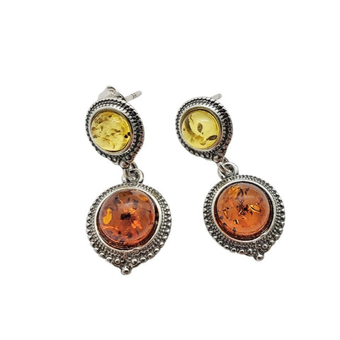 Amber & Sterling Silver Post Earrings ~ Round Dangles